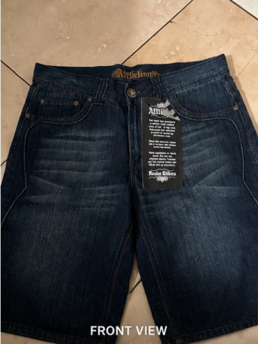 Affliction men’s dark wash jean shorts size 36 • stitched denim shorts